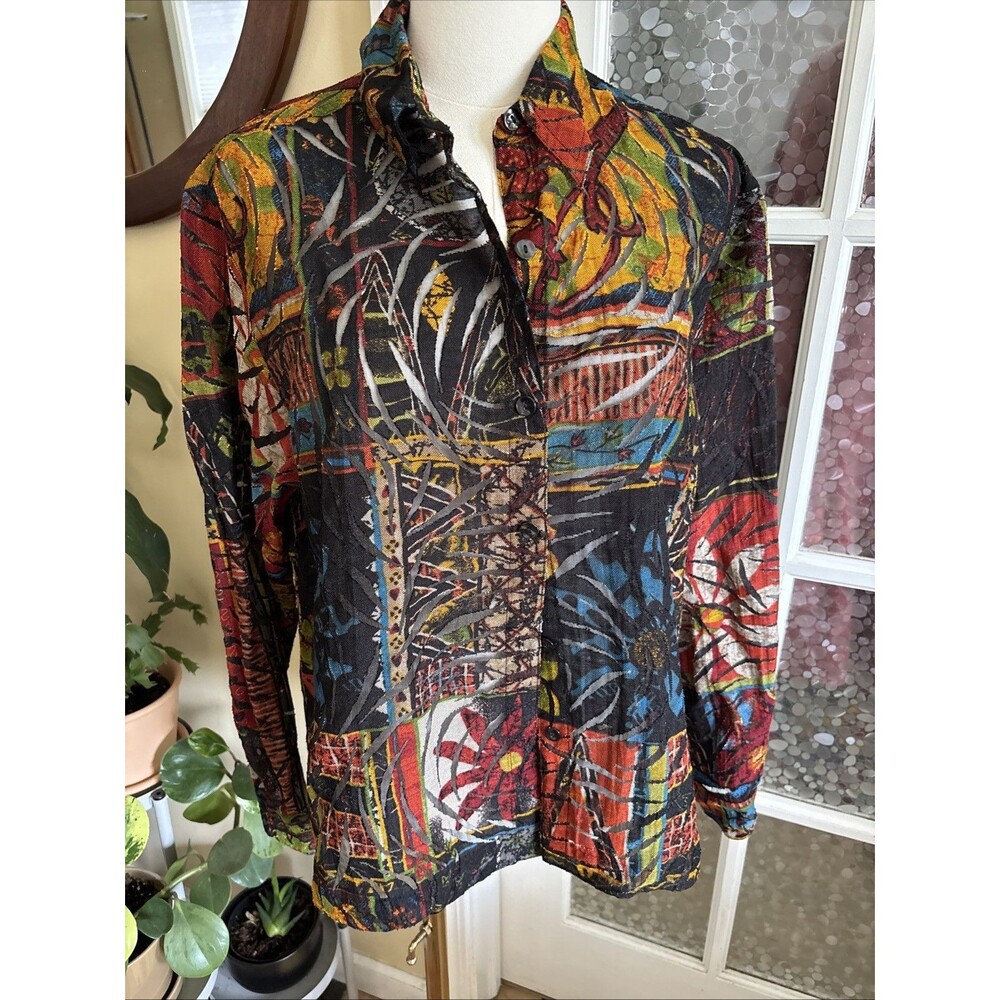Vintage Chicos Jacket  Burnout Rayon Abstract Floral Sz 1 Boho S/M Fall Colors